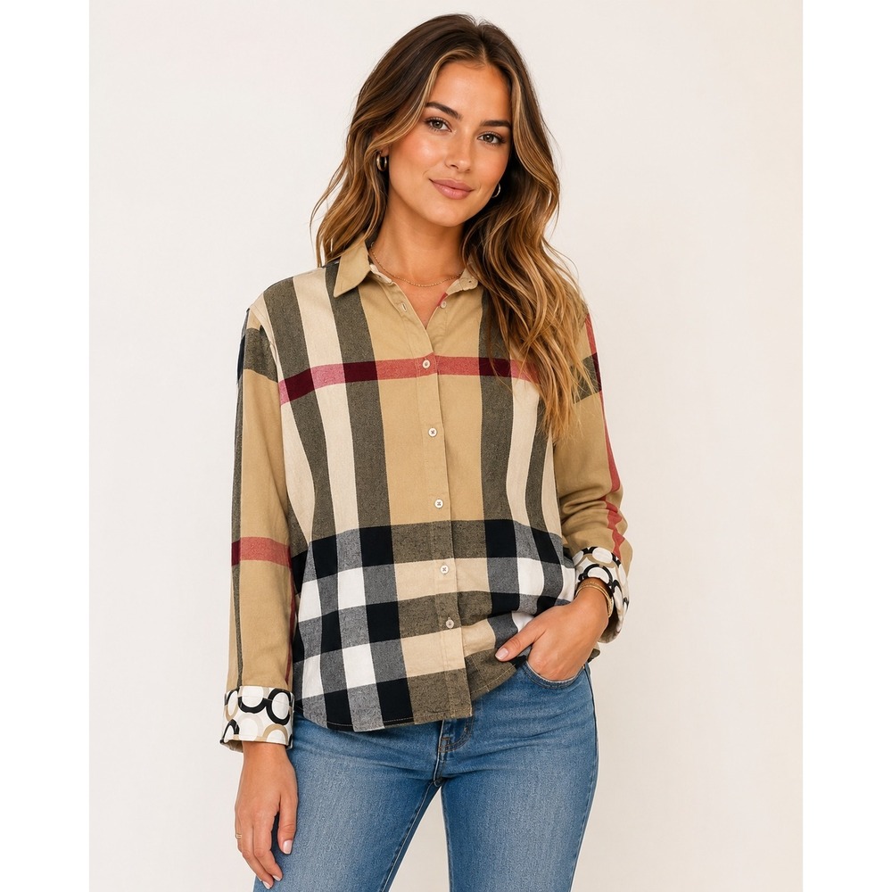 Tizzie Plaid Button Up Shirt L Beige Check Cotton Preppy Casual Classic Top